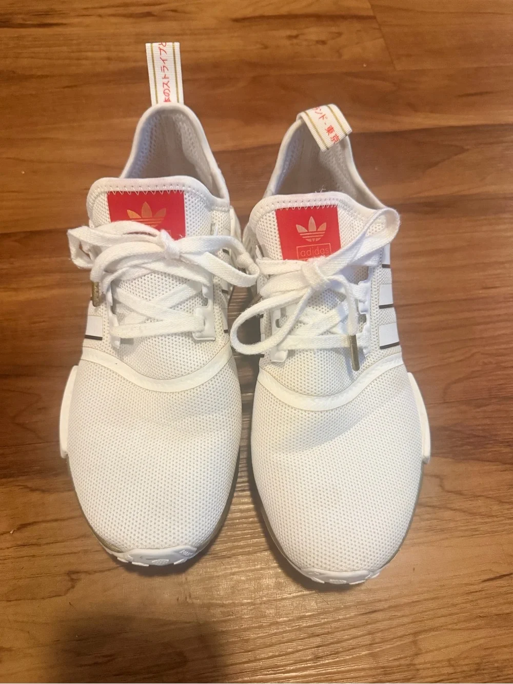 adidas White Mesh Sneakers with Coral Logo Accents